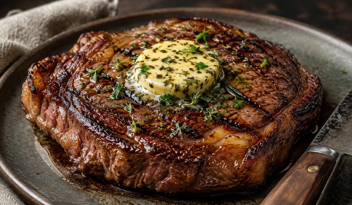 Grilled ribeye steak topped with garlic herb butter
