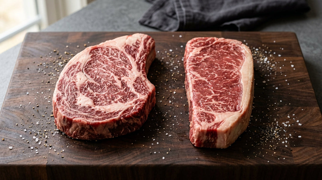Raw ribeye and New York strip steaks shown side by side on a wooden cutting board