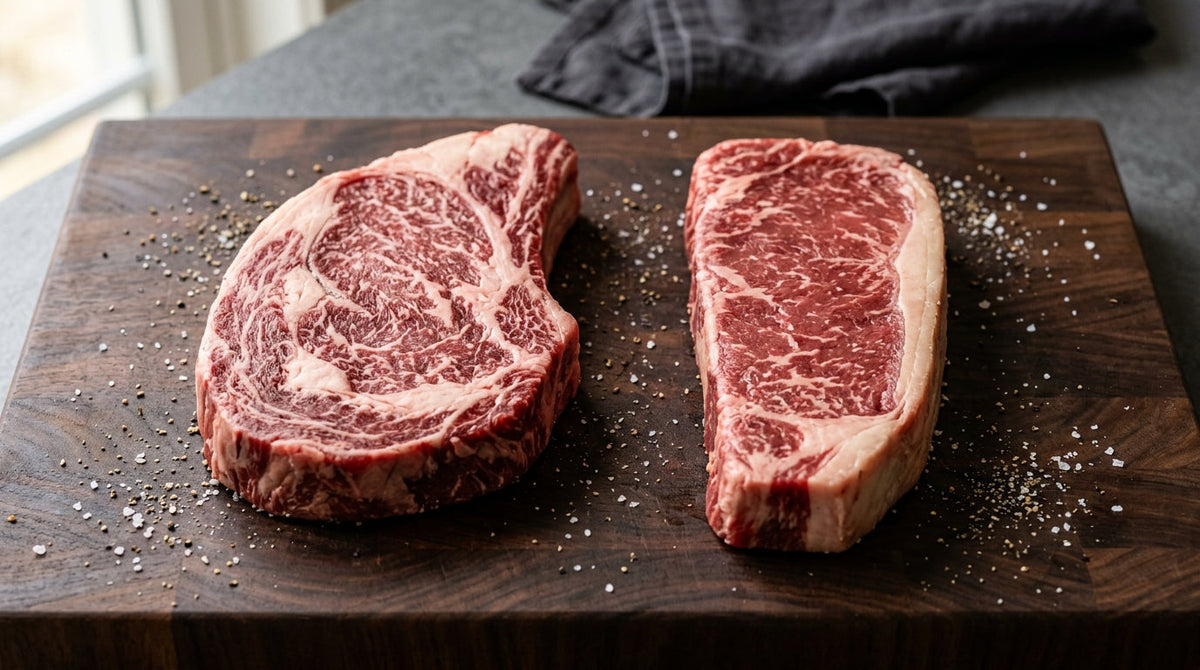 Raw ribeye and New York strip steaks shown side by side on a wooden cutting board
