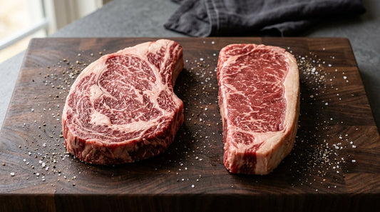 Raw ribeye and New York strip steaks shown side by side on a wooden cutting board