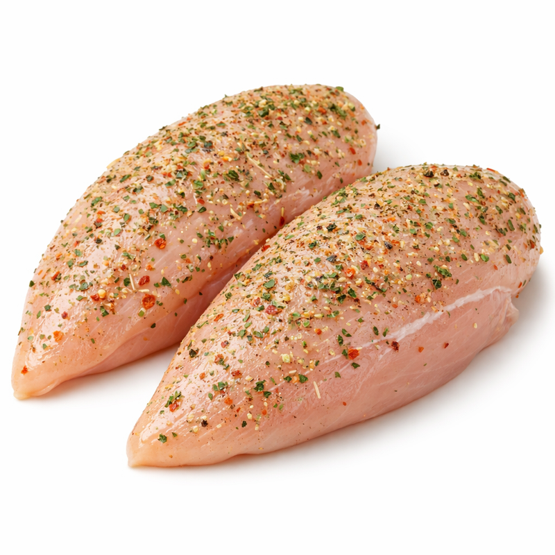 Raw chicken breast with Italian seasoning on white background