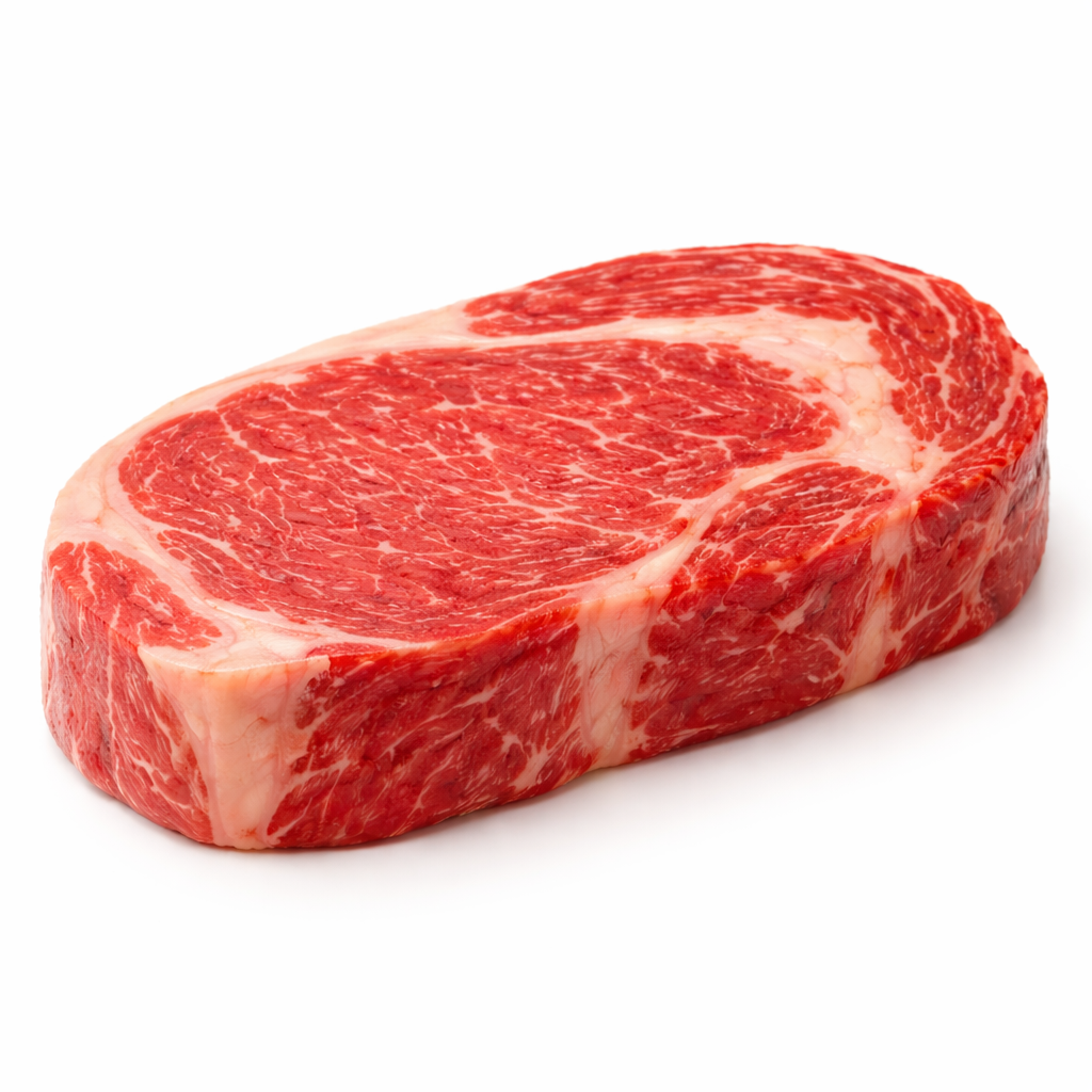 Raw choice boneless ribeye steak on white background