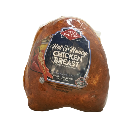Hot honey chicken breast deli meat in packaging on white background