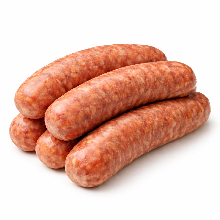 Raw mild Italian pork sausage on white background