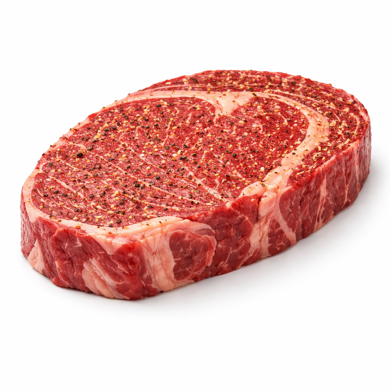 Raw seasoned prime ribeye steak on white background